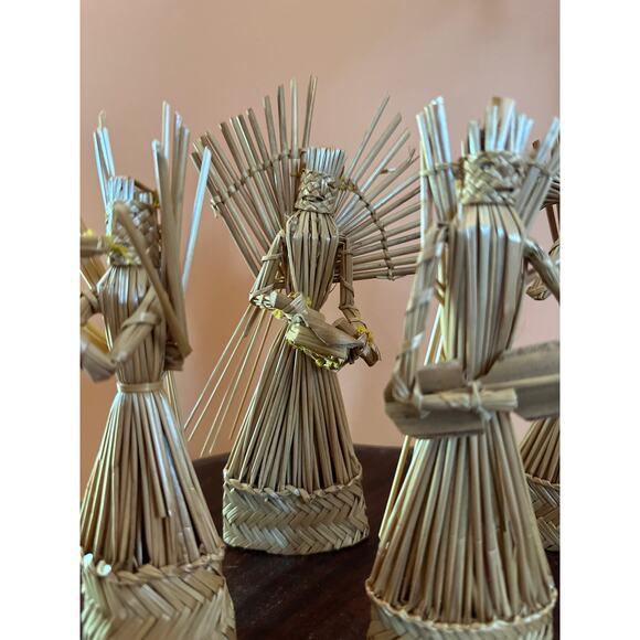 Vintage Boho Christmas Rattan Angels with Instruments Set of 4 - Picture 2 of 16